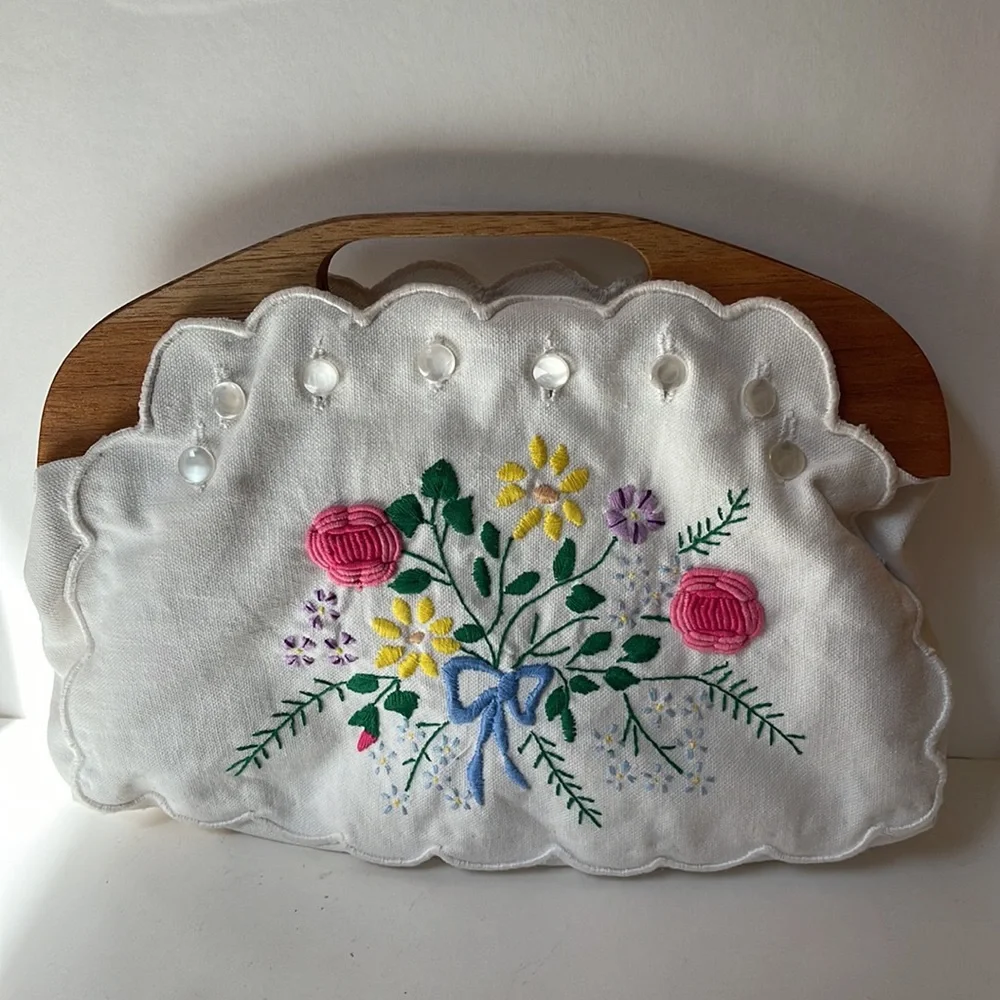 Vintage purse handbag wooden handle floral embroidered removable cover b… - Picture 2 of 6